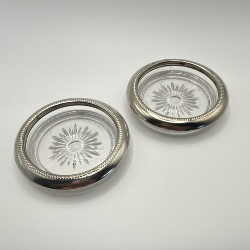 Silver Rim Glass Sunburst Coasters Set of 2 Made in Italy